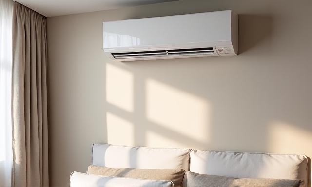 Modern bedroom with sleek wall mounted AC unit